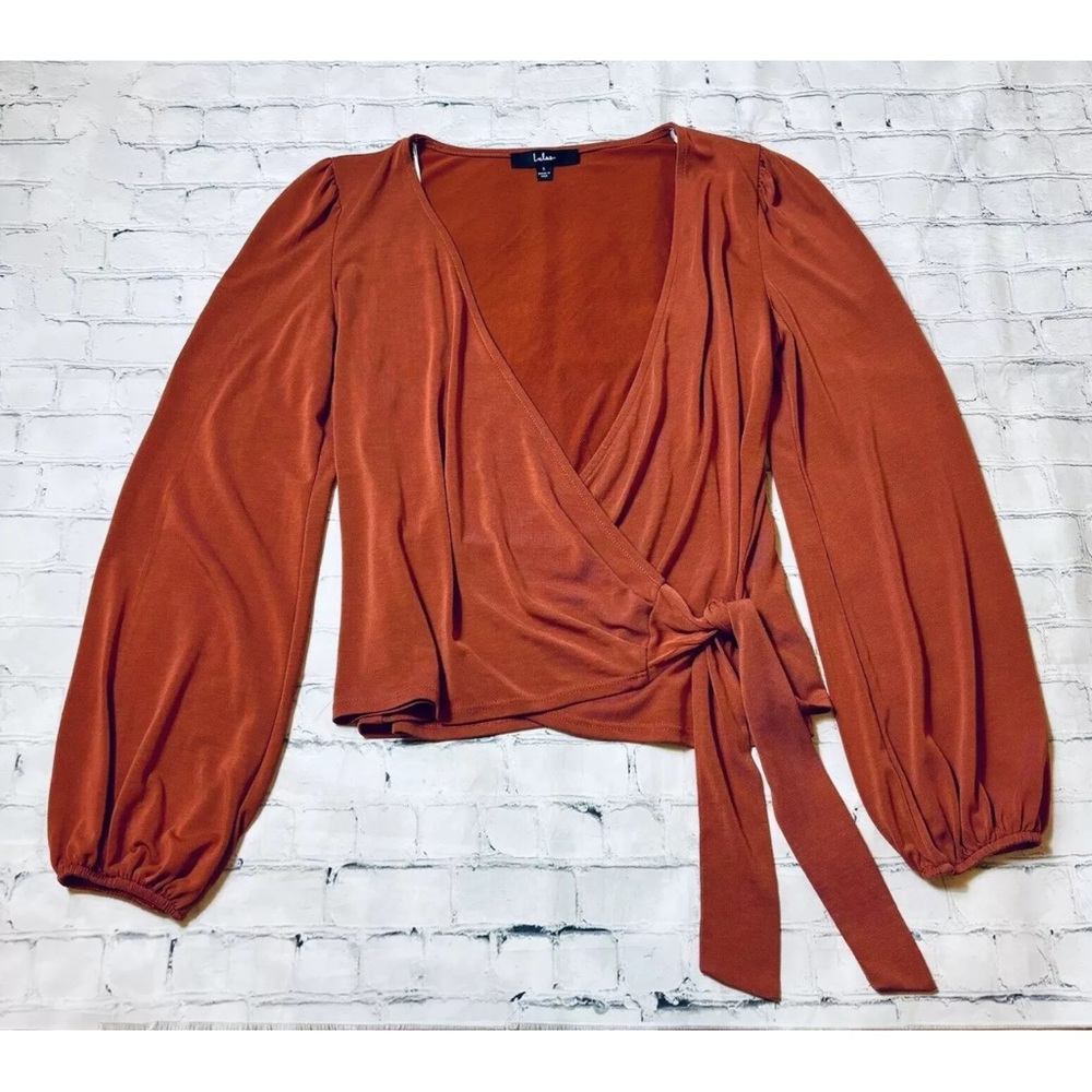 Lulus Women's Rust Orange Long Sleeve Faux Wrap Top Size S - Picture 5 of 9